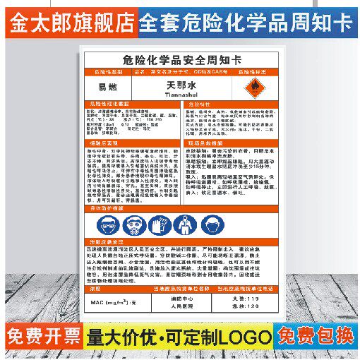 天那水危险化学品安全周知卡职业病危害告知牌易燃易爆腐蚀中毒危险品