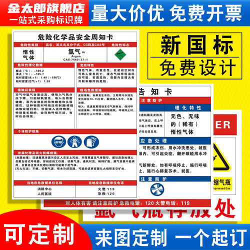氩气安全周知卡危险化学品标识牌