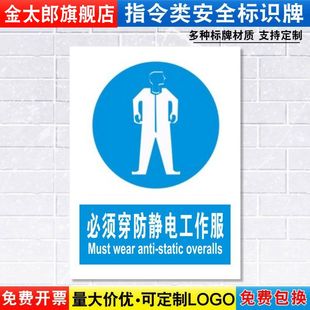必须穿防静电工作服标识牌消防安全警示工厂车间仓库警告标示标志标语贴纸提示贴墙贴指示牌子定制定做ZL32