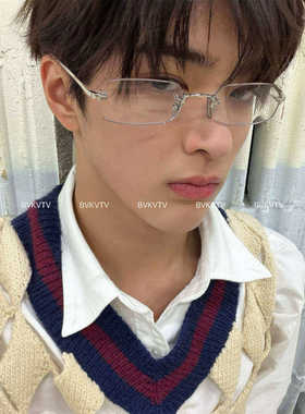 icc03/28秒变时髦精26s新款复古无边框金属字母平光镜 素颜镜