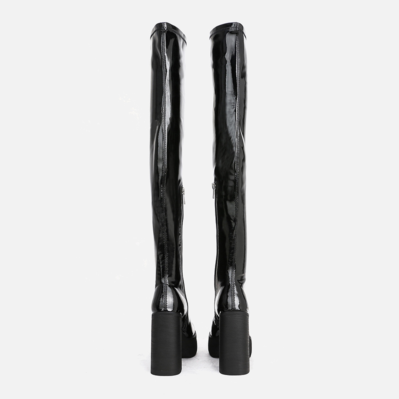 欧美街头弹力漆皮粗跟过膝长靴