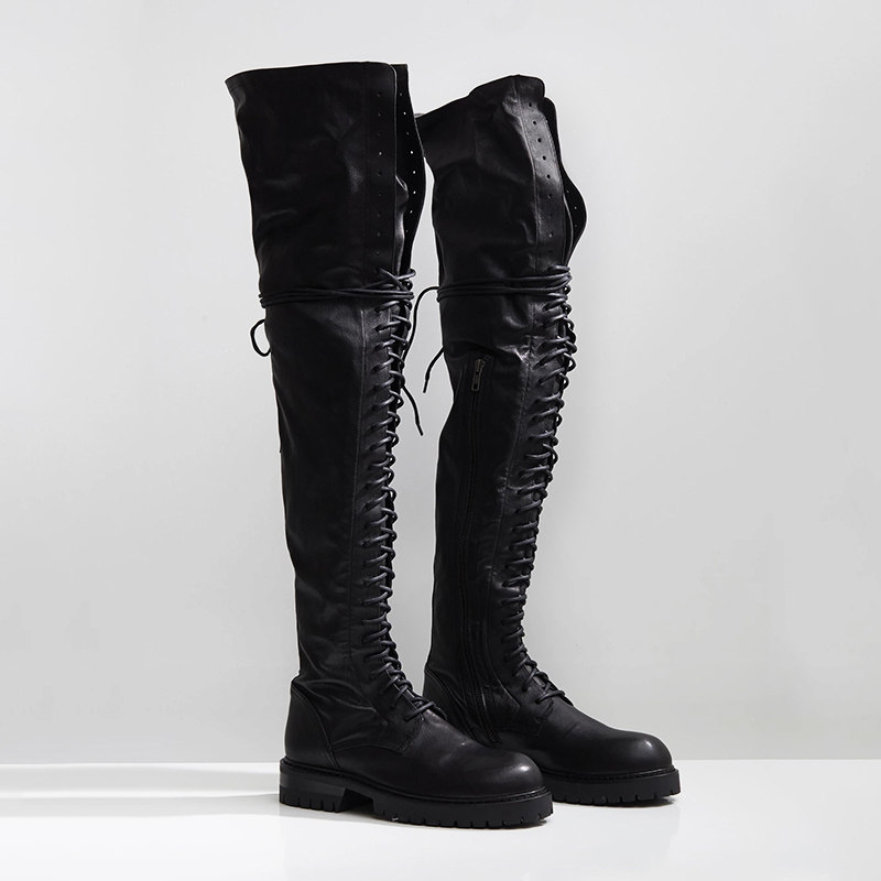 过膝靴靴女帅气马丁靴英伦风ann秋冬绑带长靴厚底高筒靴机车靴