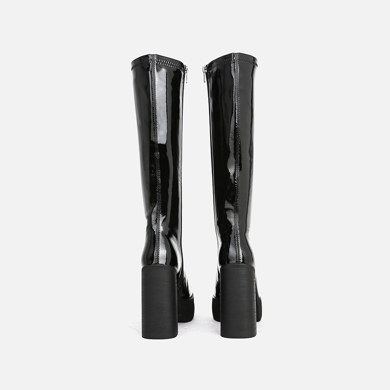 英伦漆皮防水台不过膝弹力高筒靴