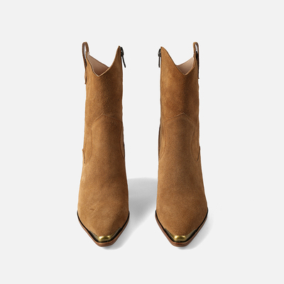 高跟短靴女内外全真皮西部牛仔复古尖头小腿瘦瘦靴粗跟小腿短靴