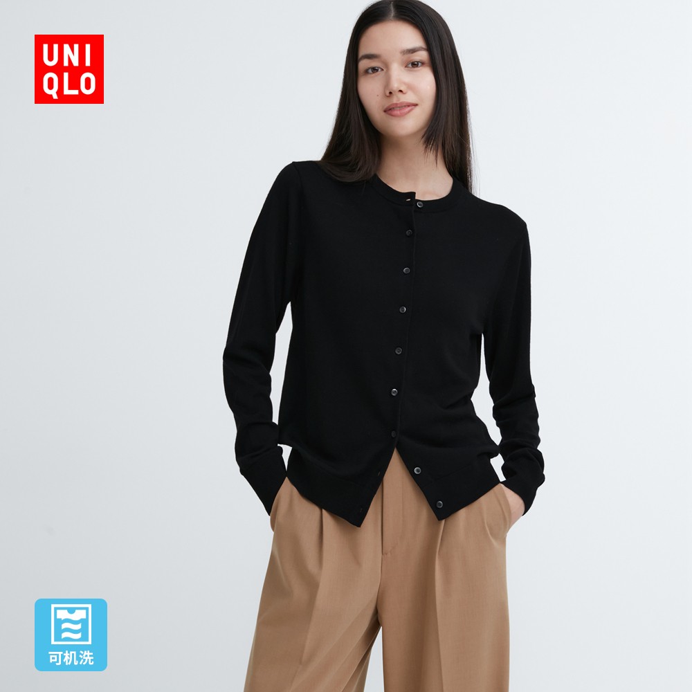 UNIQLO 优衣库 女装 精纺美利奴羊毛圆领针织开衫(长袖保暖)450510（加码4h）