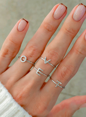 简约英文字母戒指女925银开口