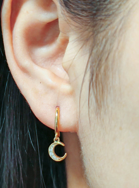通体纯银气质耳圈金色月亮造型耳环女精致简约气质高级感金色耳饰