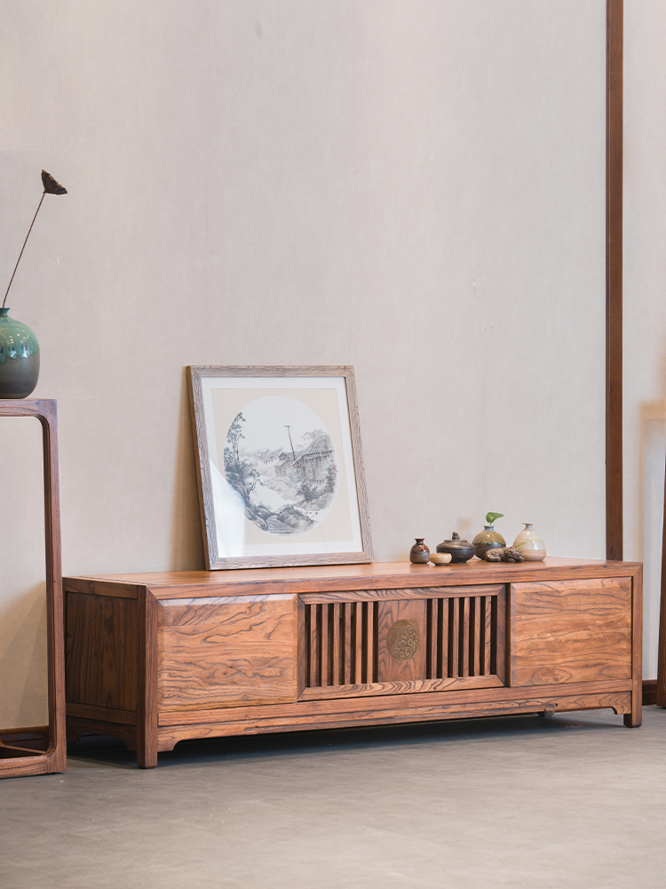 新中式电视柜实木老榆树禅家地板柜现代简约收纳客厅家具视频柜
