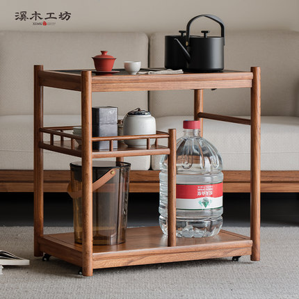 溪木工坊新中式小茶桌可移动边几小茶几实木边柜小推车茶水柜带轮