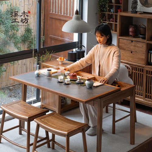 溪木工坊新中式实木茶桌椅组合可推拉老榆木茶台阳台茶室泡茶桌子