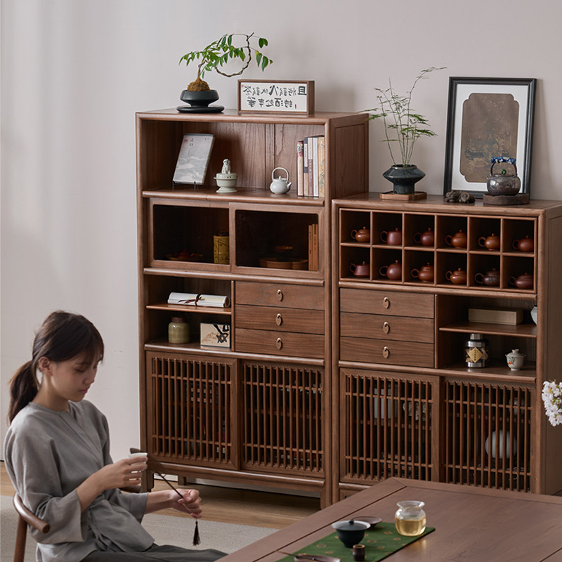 溪木工坊客厅实木餐边柜阳台边柜新中式茶室茶具收纳柜书柜博古架