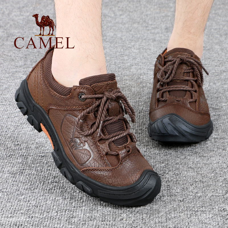 camel/骆驼男鞋秋冬季款真牛皮系带防滑舒适户外休闲徒步旅游鞋子