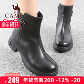 Camel 加绒舒适休闲真牛皮中筒粗跟侧拉链妈妈靴子 款 骆驼女鞋 冬季
