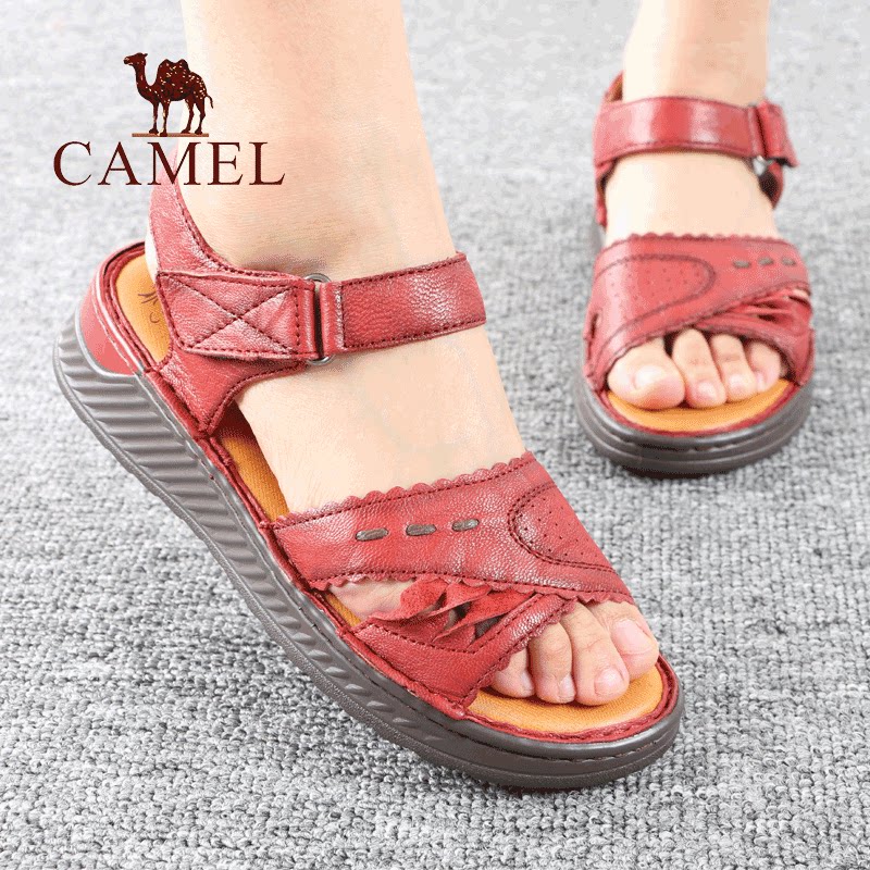 camel/骆驼女鞋夏季新款品真羊皮舒适正士透气中年妈妈休闲凉鞋子