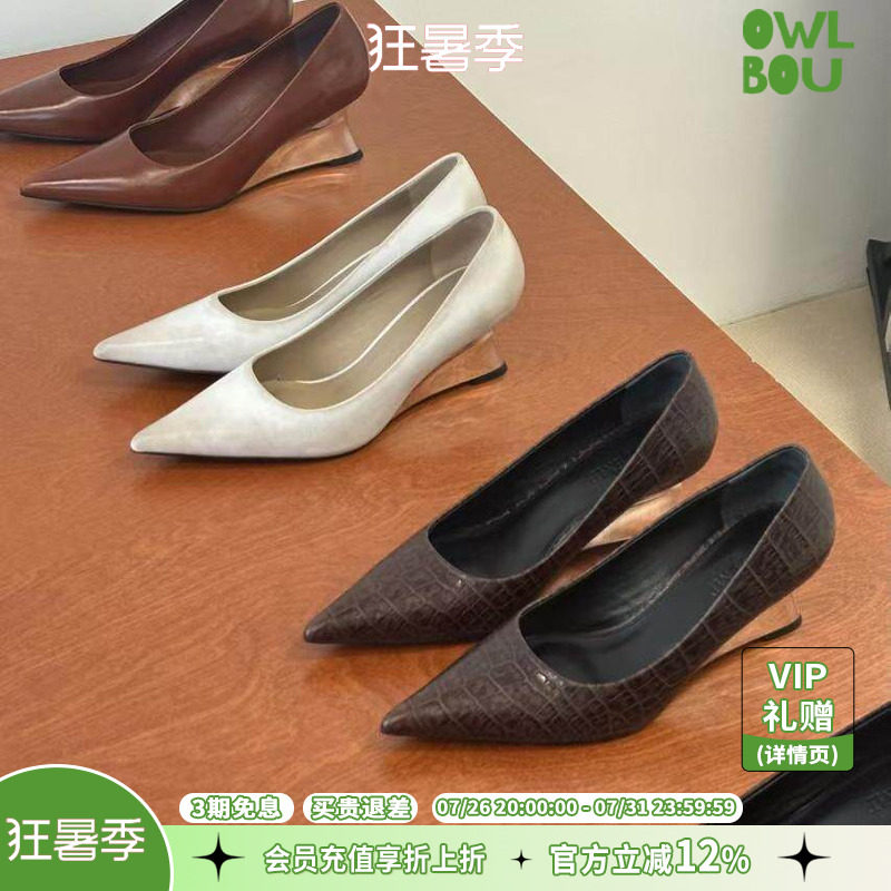 现货牛皮鳄鱼纹高跟鞋OWLBOU尖头
