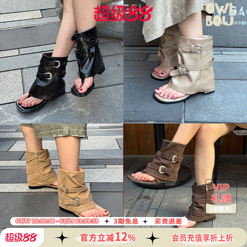 【5折】HEYFUN设计师款罗马凉鞋高帮凉靴夹脚低跟皮带扣女鞋