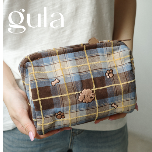 gula【小狗家族】刺绣格纹化妆包柔软便携大容量手拿包杂物收纳