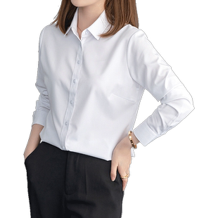 2026新款春装长绒棉女士职业长袖纯白色衬衫方领短袖蓝衬衣工作服