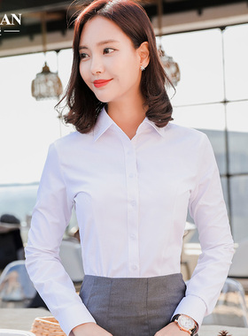 衬衫女春2019职业修身韩版长袖白色V领衬衣秋大码宽松夏季短袖OL