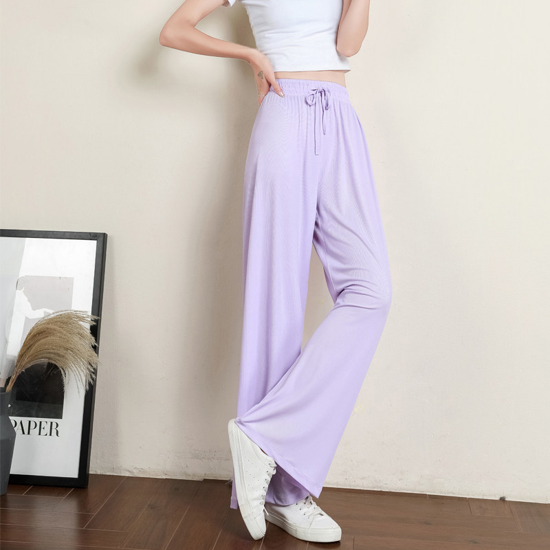 冰丝阔腿裤女chao薄款高腰垂坠感女裤宽松淡紫加长直筒裤175cm