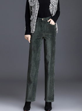 灯芯绒裤子高腰直筒50岁妈妈女裤秋装中老年长裤宽松墨绿色休闲裤