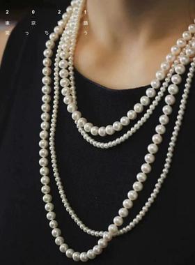 海贝珠双层项链毛衣链多种戴法
