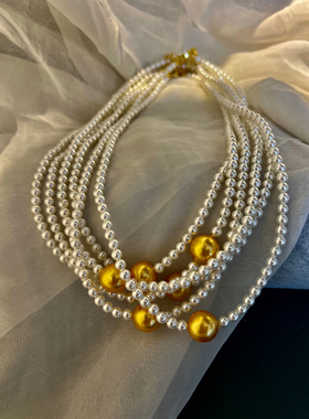 贝珠锁骨项链女混彩浓金