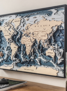 世界地图3d木质立体凹凸艺术蓝色海洋客厅墙挂创意礼品礼物