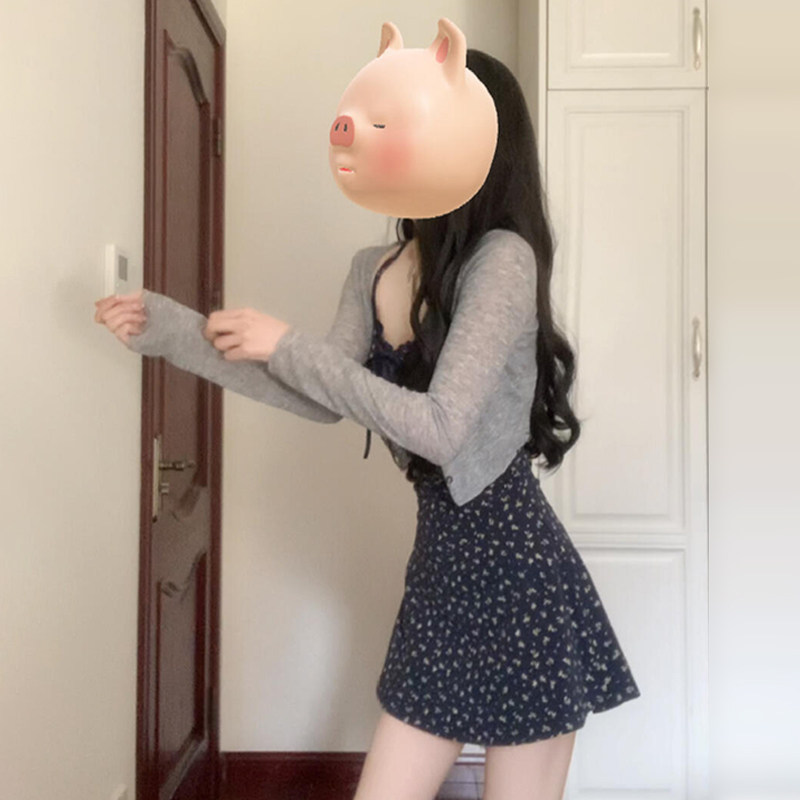 鬼马少女学院风法式碎花吊带连衣裙早春开衫显瘦短裙两件套小个子