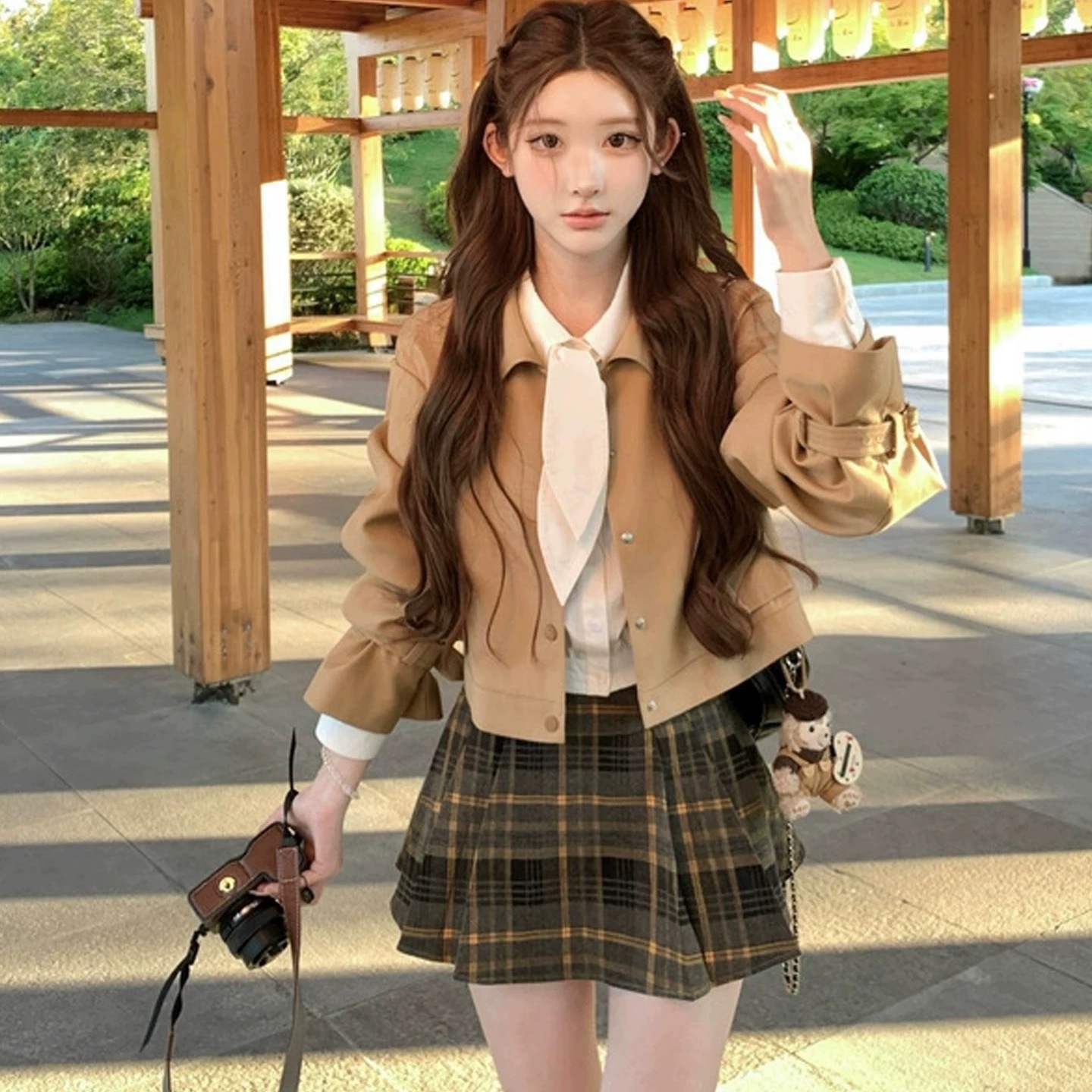 学院风甜美奶杏外套风衣衬衫上衣