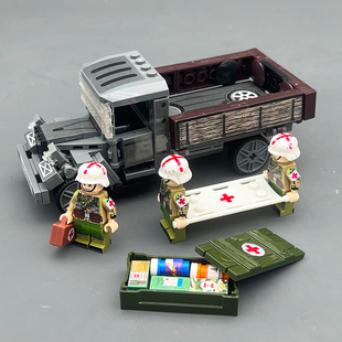 二战军事人仔积木运输车医疗救援后勤部队MOC配件 拼装男玩具儿童