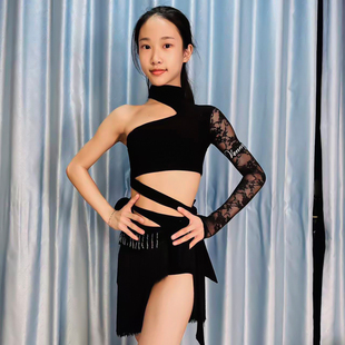 Venny薇妮拉丁舞练功服李雨乔同款单肩长袖蕾丝流苏裙训练服套装