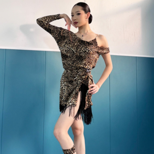 Venny薇妮【皇冠加冕】拉丁舞成人舞蹈豹纹吊带流苏裙罩衫练功服