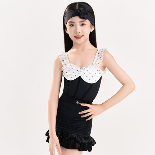 薇妮舞美拉丁舞女儿童波点练功服