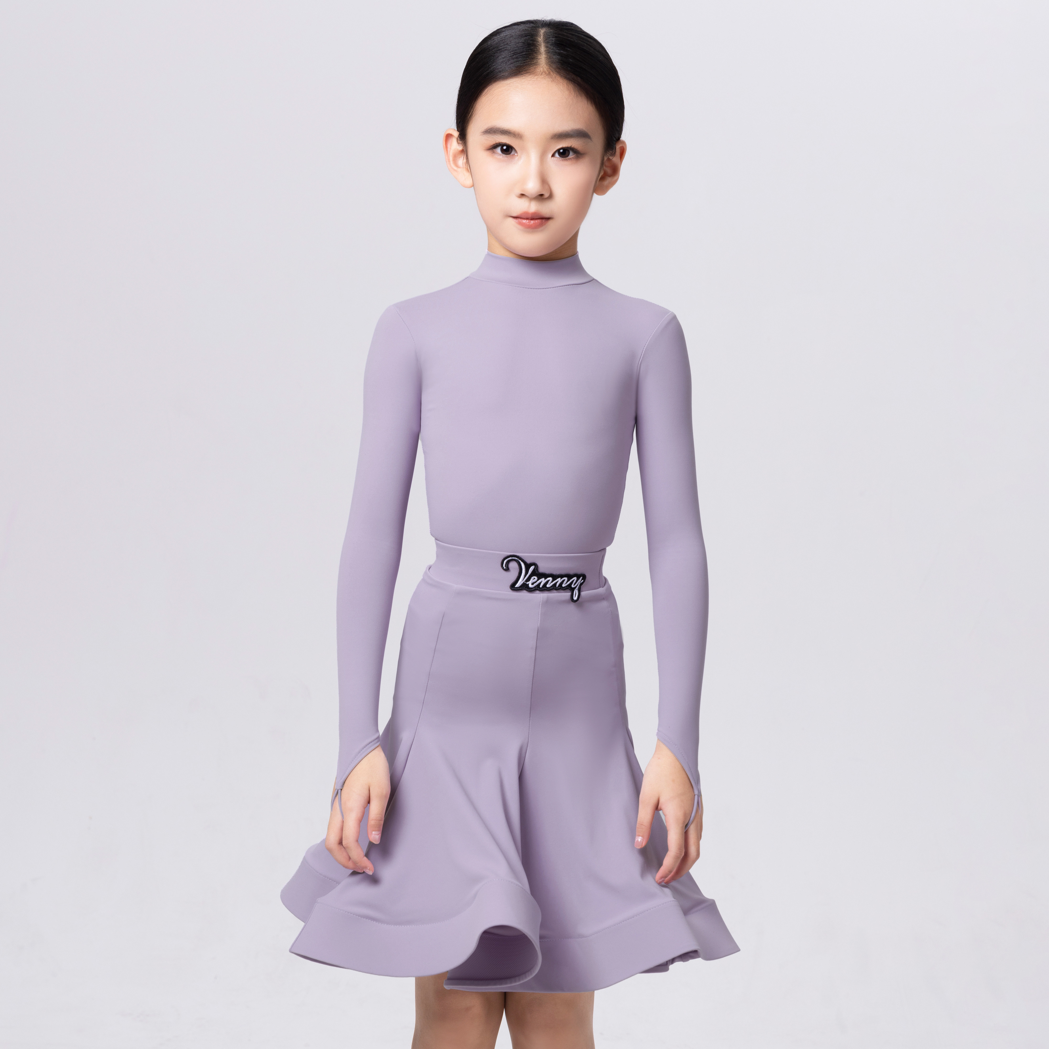 Venny薇妮拉丁舞比赛服女儿童规定服大摆裙长袖高领国标舞表演服