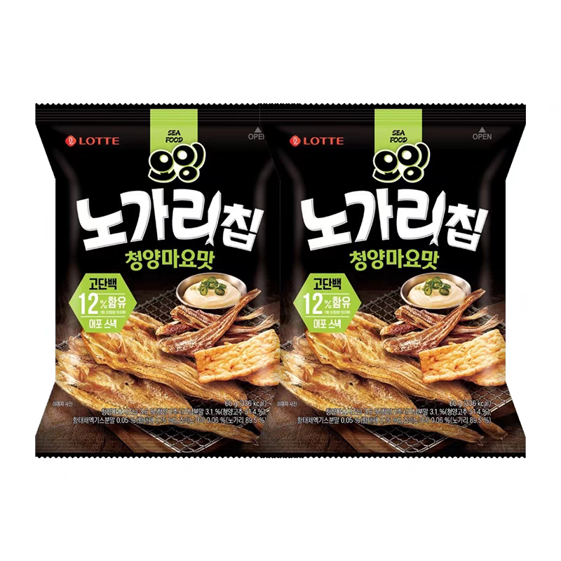 好吃推荐~韩国进口LOTTE乐天蛋黄酱辣味明太鱼脆片膨化零食薯片
