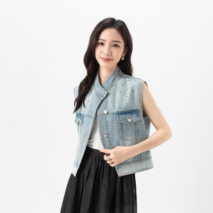 鑫阁烫钻短款牛仔马甲女2025夏季新款时髦洋气斜门襟立领无袖外套
