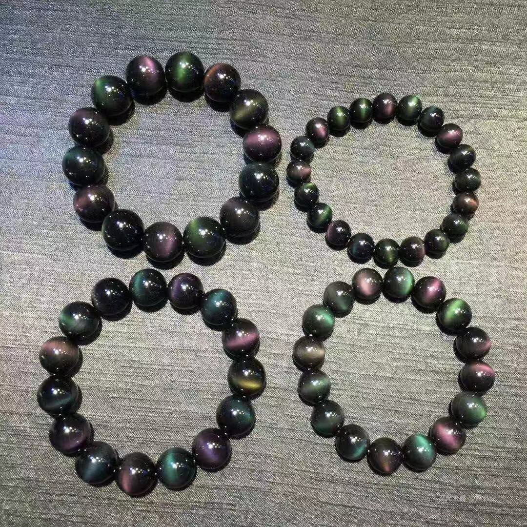 天然黑曜石彩虹猫眼手串守护平安
