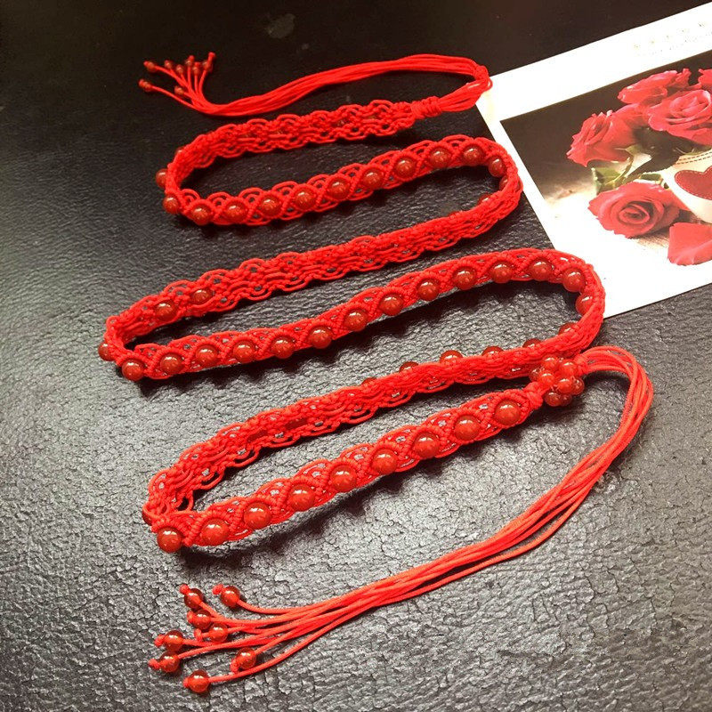 本命年红腰带正品天然玛瑙新年红绳腰链女手工编织守护好运可调节