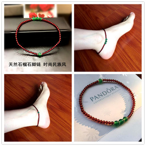 网红新品天然红石榴石绿玛瑙红绳脚链女民族风简约水晶弹力时尚甜