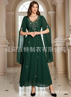 墨绿色中东服饰长袍手工钉珠长裙时尚礼服连衣裙礼服宴会气质度假