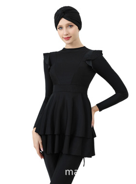 纯色大码女泳衣保守净色三件套长袖长裤黑色显瘦女泳装swim suit