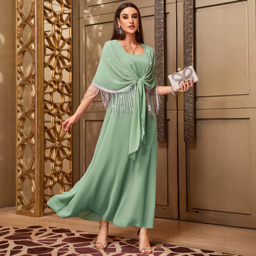 薄荷绿垂感雪纺假两件礼服独家派对旅游都市时尚大摆party dress