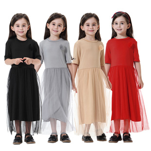 夏季 长裙中大童连衣裙回民小孩裙子606 女童网纱中东女孩圆领短袖