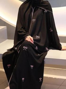 迪拜连衣裙喇叭袖时尚优雅气质蝴蝶结刺绣开衫长袍long robe