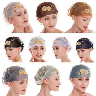 回民女士蕾丝网布绣花小帽头巾马来女式刺绣打底帽时尚筒帽套头帽