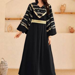 中东度假旅游生日女装新款v领优雅开衫亮片刺绣连衣裙长裙长袖