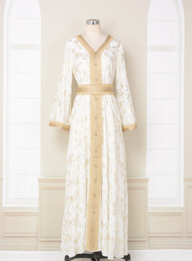 中东迪拜晚礼服宽松腰连衣裙底部抓花烫金时尚长袍宽松腰印花系带