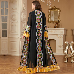 中东开衫 刺绣长袍阿拉伯都市风迪拜流苏雪纺两件套连衣裙喇叭袖