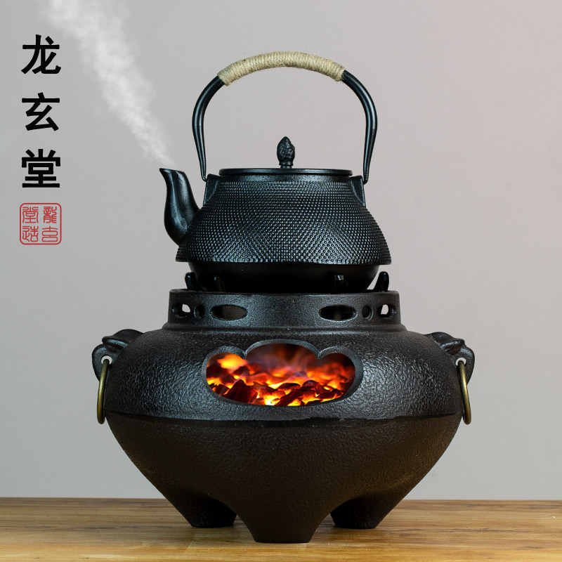 日式复古煮茶釜鬼面风炉铁釜炭炉铁壶煮茶炉碳炉室内取暖围炉煮茶